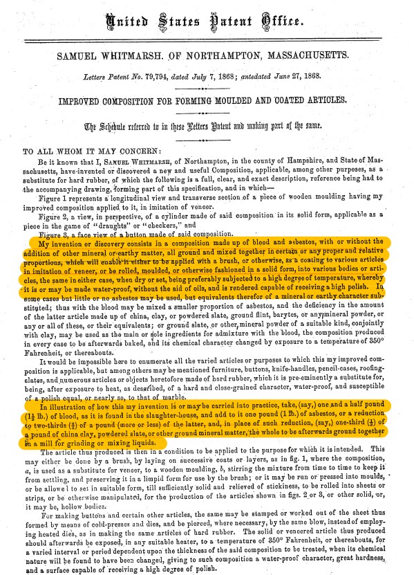 1868 brevet am&eacute;ricain amiante agatite