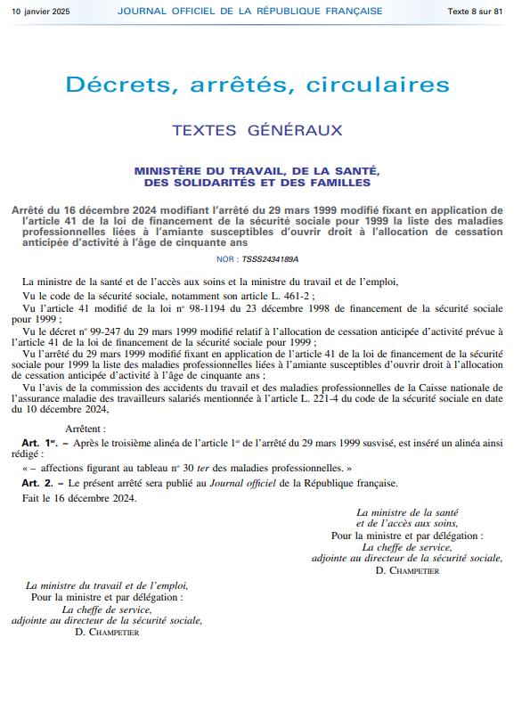 2024 12 16 arrêté départ anticipé retraite amiante