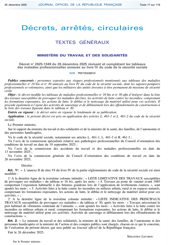 2025 12 26 D&eacute;cret reconnaissance maladies professionnelles